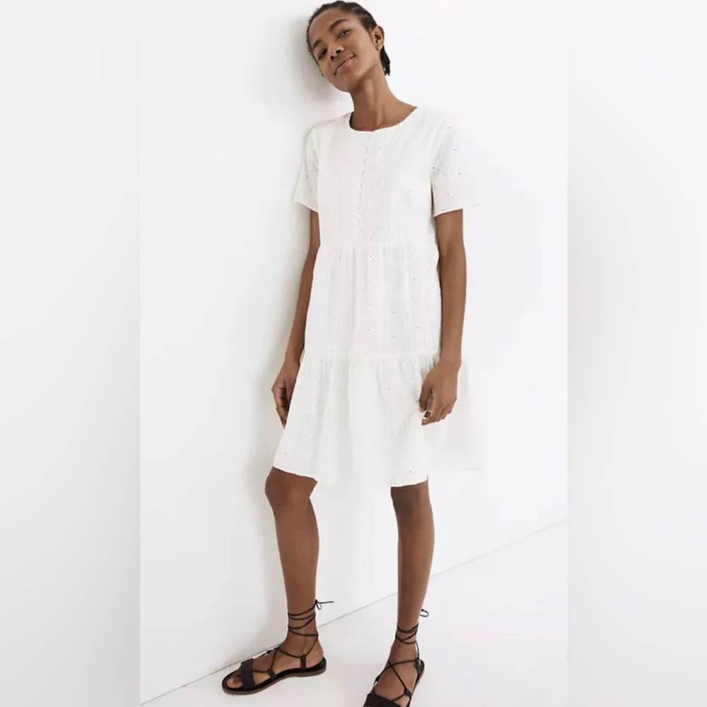 Madewell Women's White Embroidered Eyelet Button-Front Tiered Mini Dress size M